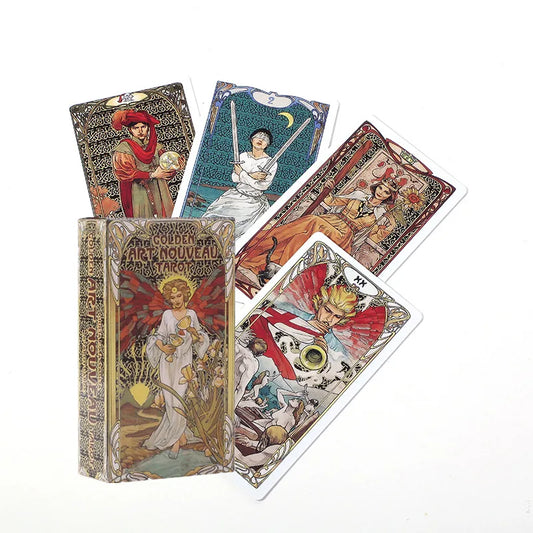 Golden Art Nouveau Tarot Deck 78 Cards with Guidebook Cards Occult Divination Book Sets for Beginners Classic Art Nouveau Style
