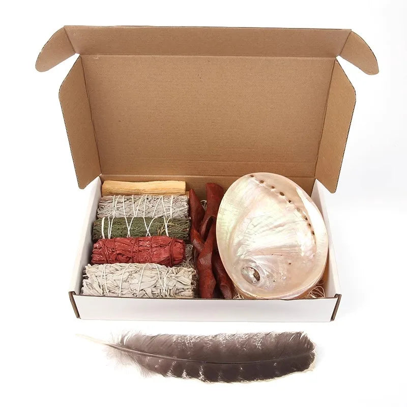 Home Cleansing & Smudging Kit with White Sage, Cedar, Rose Sage, Blue Sage, Palo Santo, Abalone & Stand, Smudge Feather Yoga Set