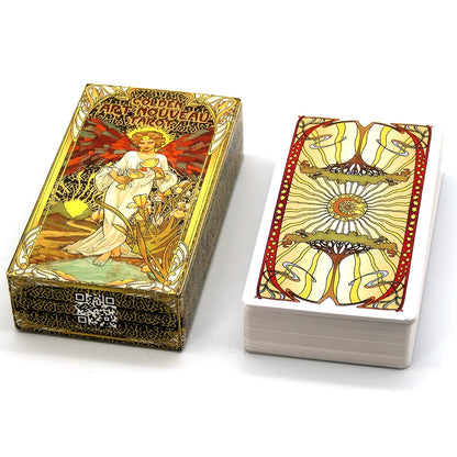 Golden Art Nouveau Tarot Deck 78 Cards with Guidebook Cards Occult Divination Book Sets for Beginners Classic Art Nouveau Style
