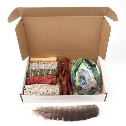 Home Cleansing & Smudging Kit with White Sage, Cedar, Rose Sage, Blue Sage, Palo Santo, Abalone & Stand, Smudge Feather Yoga Set