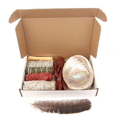 Home Cleansing & Smudging Kit with White Sage, Cedar, Rose Sage, Blue Sage, Palo Santo, Abalone & Stand, Smudge Feather Yoga Set