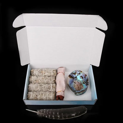 Home Cleansing & Smudging Kit with White Sage, Cedar, Rose Sage, Blue Sage, Palo Santo, Abalone & Stand, Smudge Feather Yoga Set