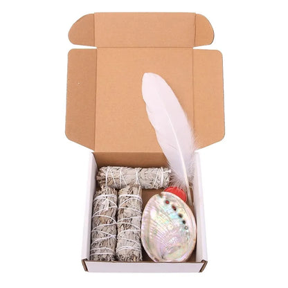 Home Cleansing & Smudging Kit with White Sage, Cedar, Rose Sage, Blue Sage, Palo Santo, Abalone & Stand, Smudge Feather Yoga Set