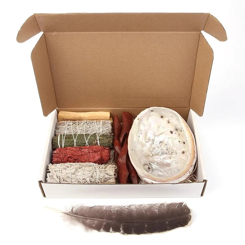 Home Cleansing & Smudging Kit with White Sage, Cedar, Rose Sage, Blue Sage, Palo Santo, Abalone & Stand, Smudge Feather Yoga Set