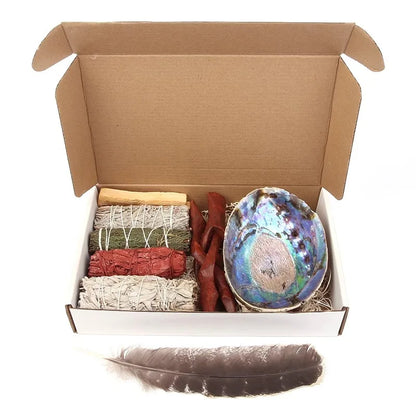 Home Cleansing & Smudging Kit with White Sage, Cedar, Rose Sage, Blue Sage, Palo Santo, Abalone & Stand, Smudge Feather Yoga Set