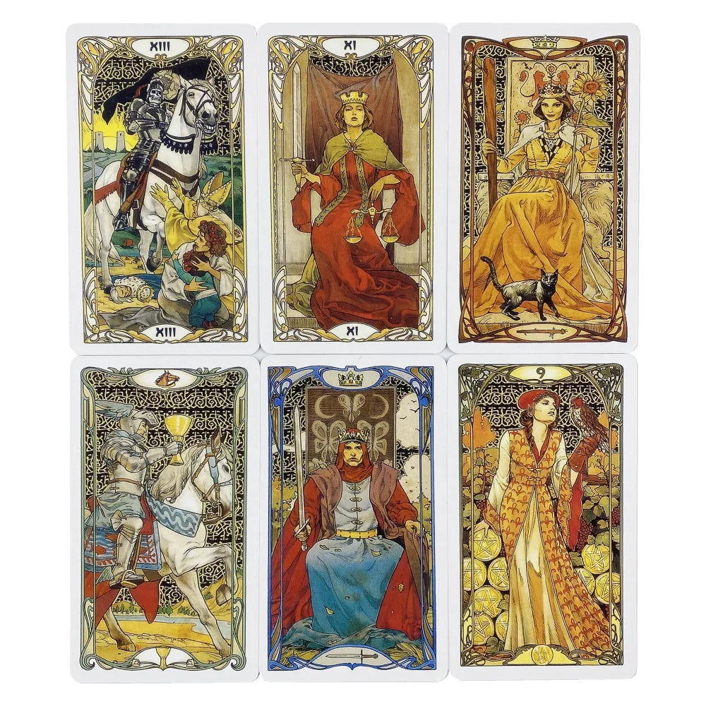 Golden Art Nouveau Tarot Deck 78 Cards with Guidebook Cards Occult Divination Book Sets for Beginners Classic Art Nouveau Style