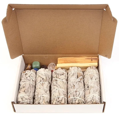 Home Cleansing & Smudging Kit with White Sage, Cedar, Rose Sage, Blue Sage, Palo Santo, Abalone & Stand, Smudge Feather Yoga Set